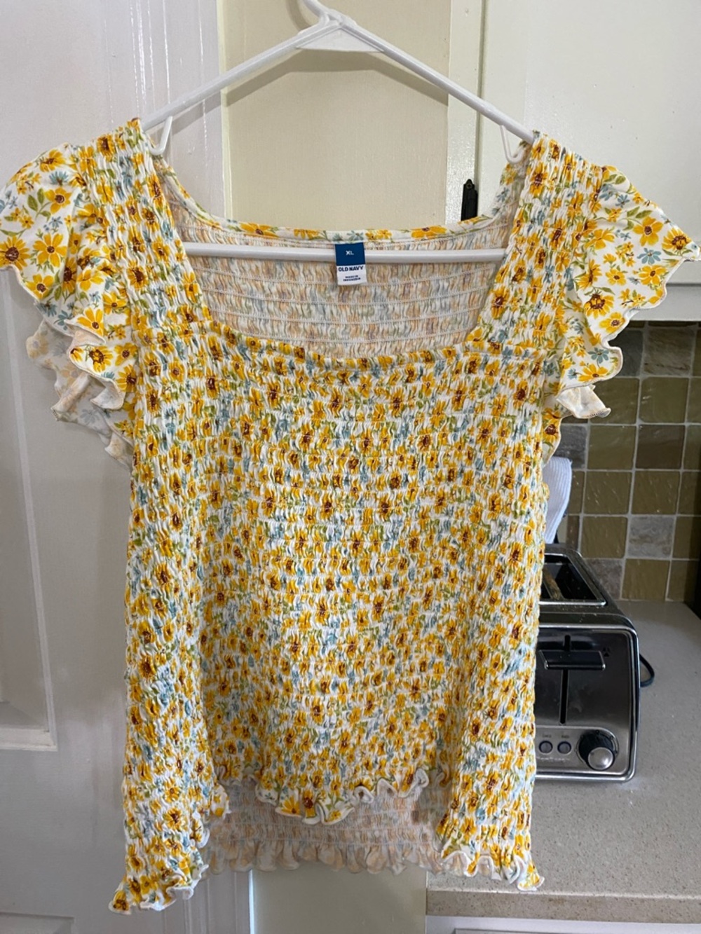Old Navy Yellow Floral Smocked Square-Neck Blouse